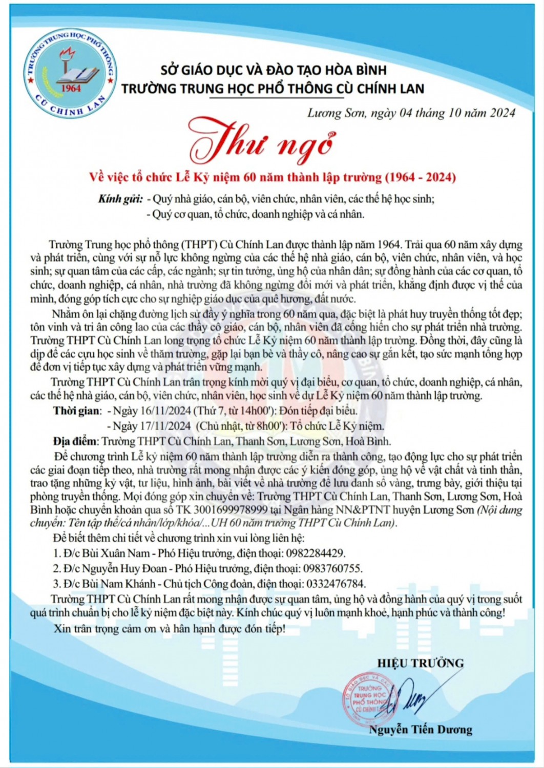 THƯ NGỎ VỀ VIỆC TỔ CHỨC KN 60 NĂM THÀNH LẬP TRƯỜNG