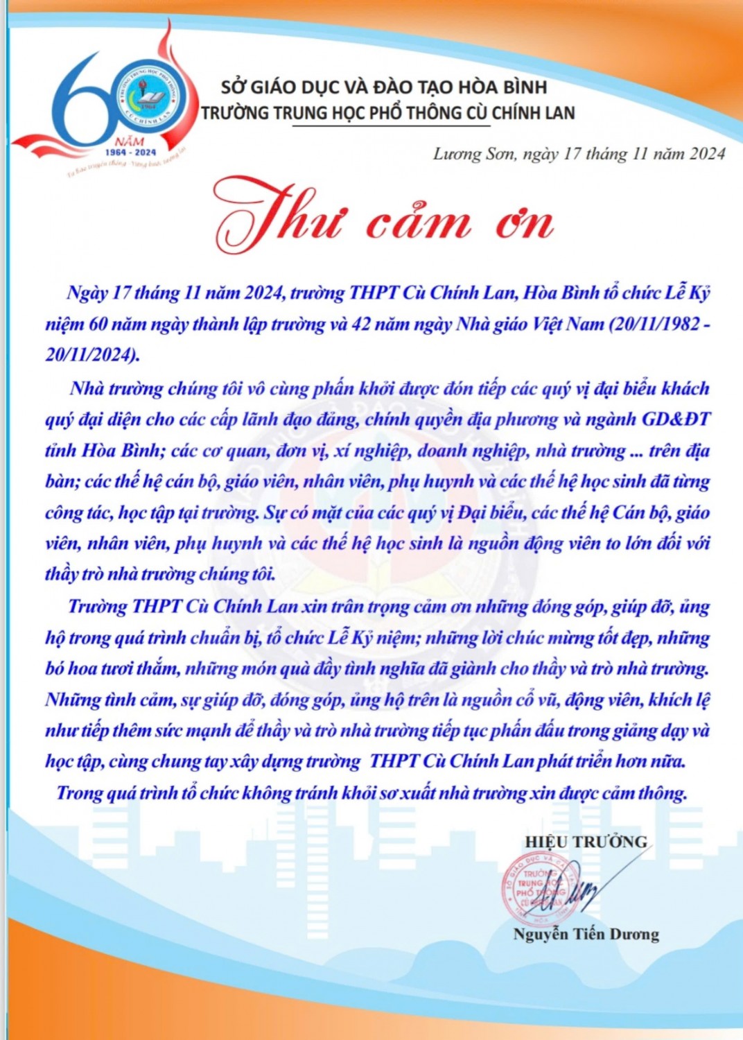 THƯ CẢM ƠN