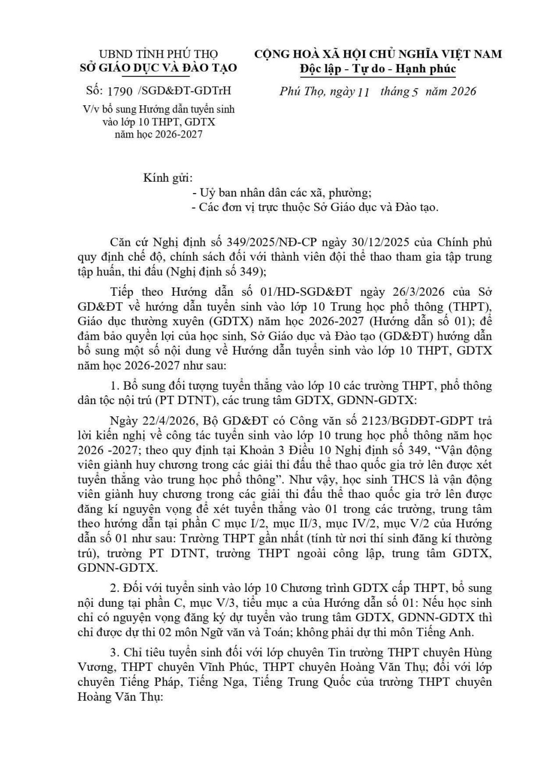 Sở Giáo dục và Đào tạo (GD&ĐT) hướng dẫn bổ sung một số nội dung về Hướng dẫn tuyển sinh vào lớp 10